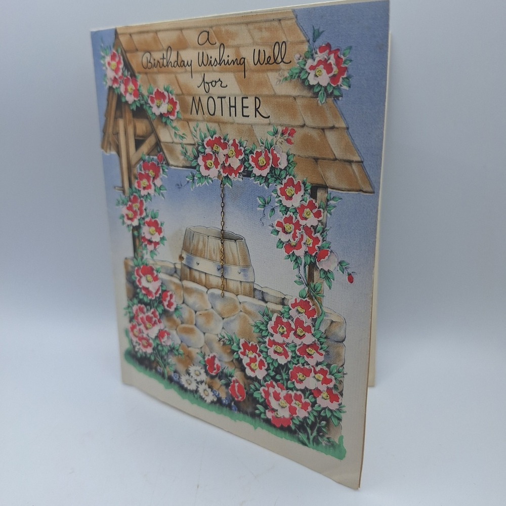 Vintage Rusty Kraft Birthday Card‎ for Mother Wishing Well Flowers Moon Clover